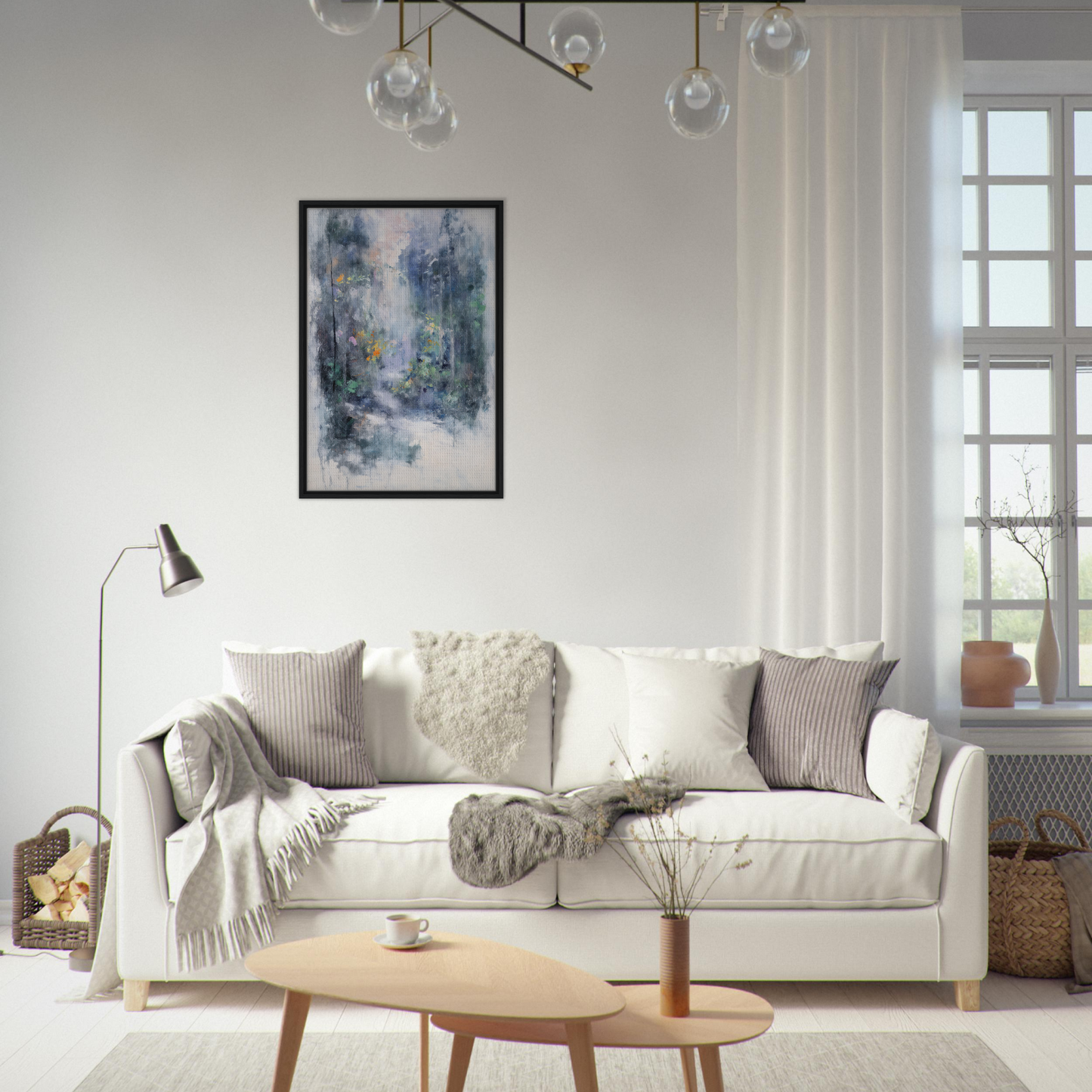 Elegant White Sofa with Throw Pillows and Blankets in Liquid Twilight Hues Design