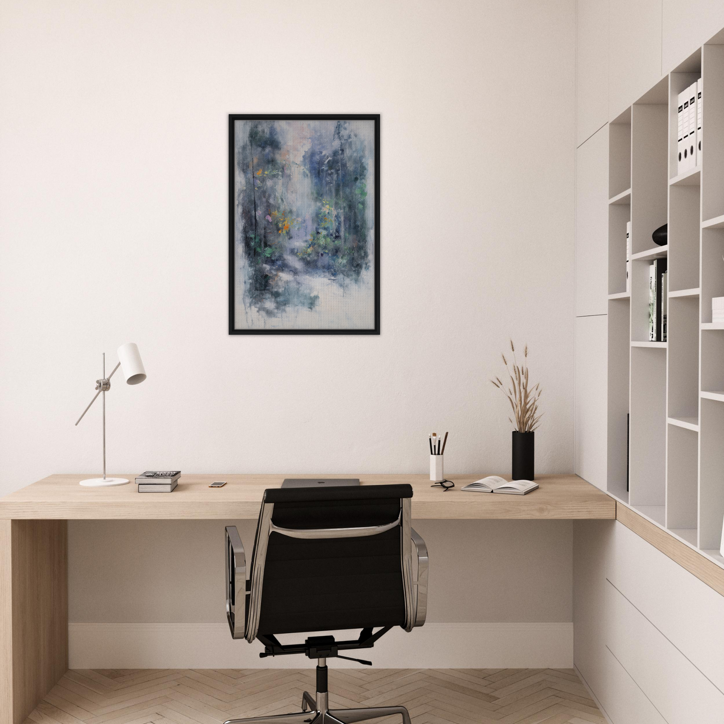 Minimalist home office with Liquid Twilight Hues framed canvas print and sleek furniture