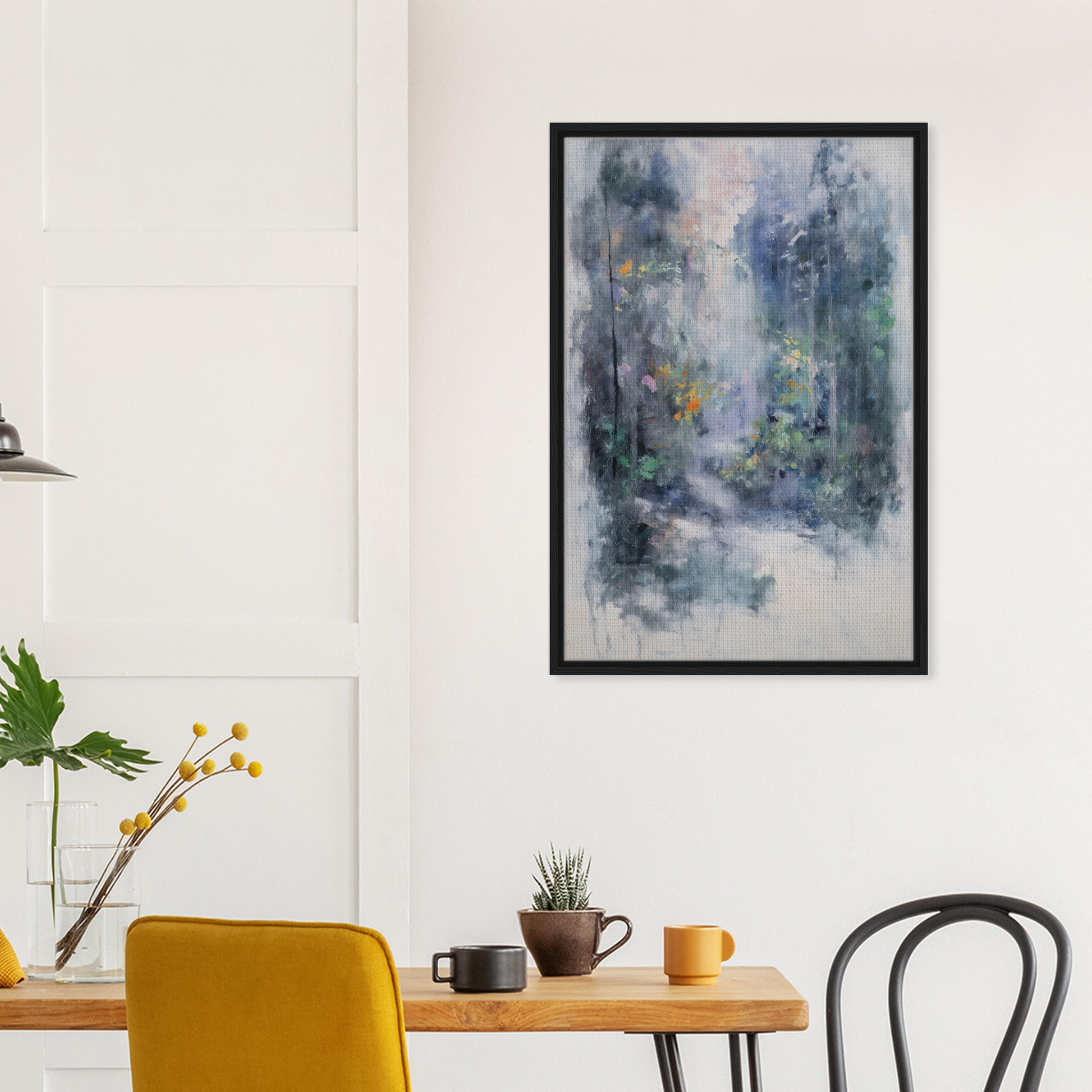 Abstract painting in muted blue, gray, and yellow tones featuring Liquid Twilight Hues