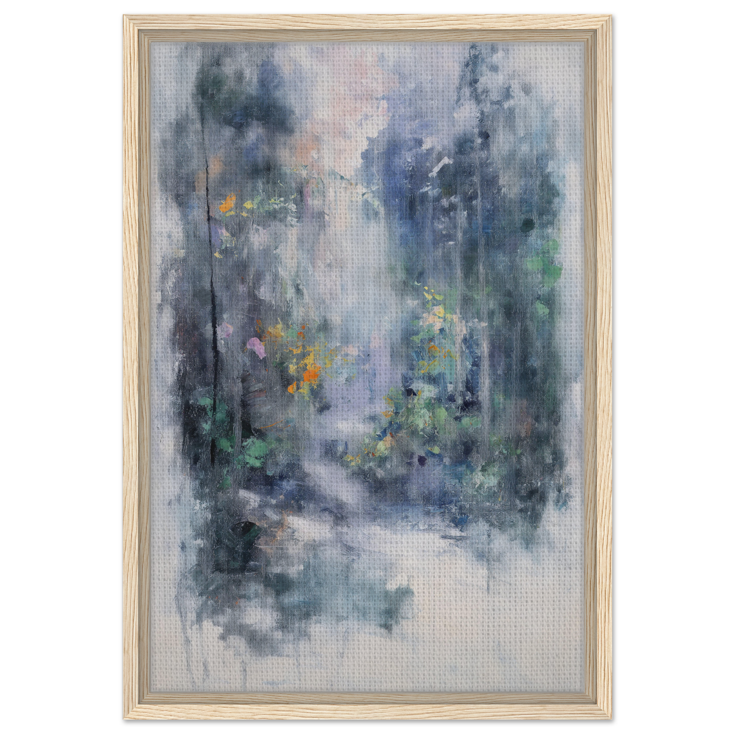 Abstract painting of a misty forest scene in Liquid Twilight Hues, framed canvas print