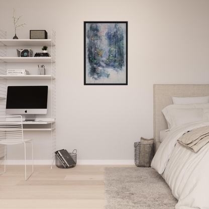 Minimalist bedroom featuring Liquid Twilight Hues artwork as room decor focal point