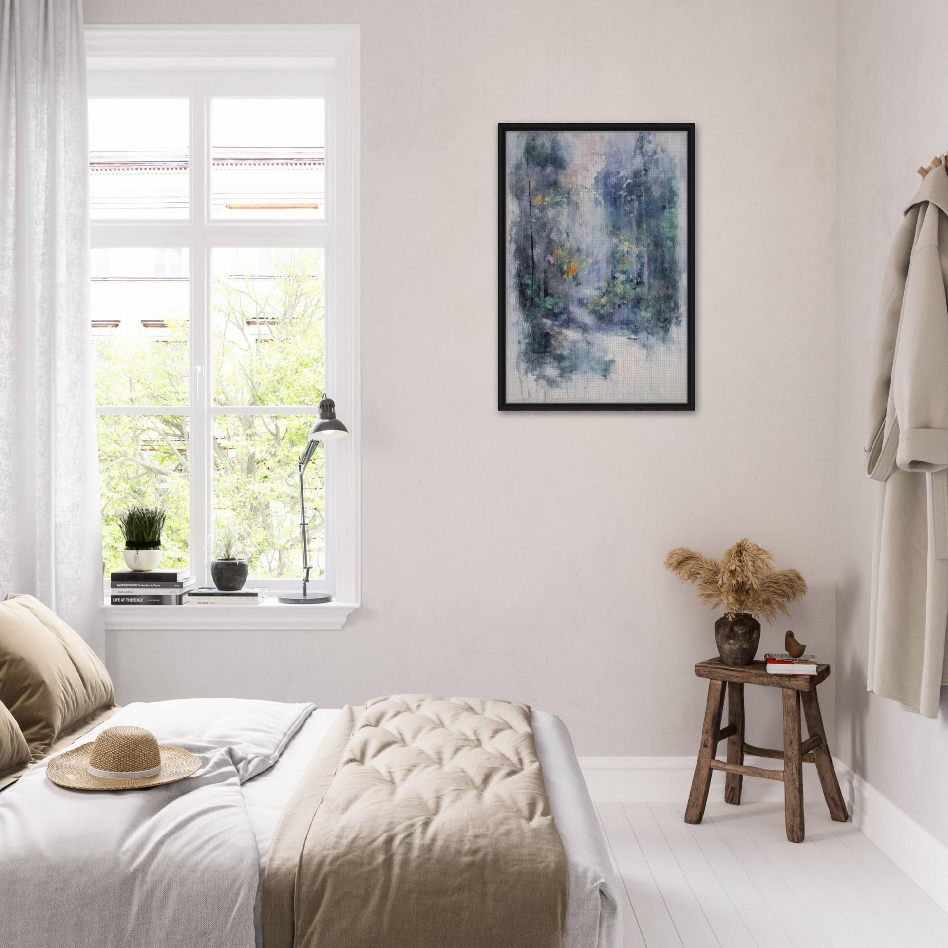 Bright, airy bedroom with minimalist decor featuring Liquid Twilight Hues artwork