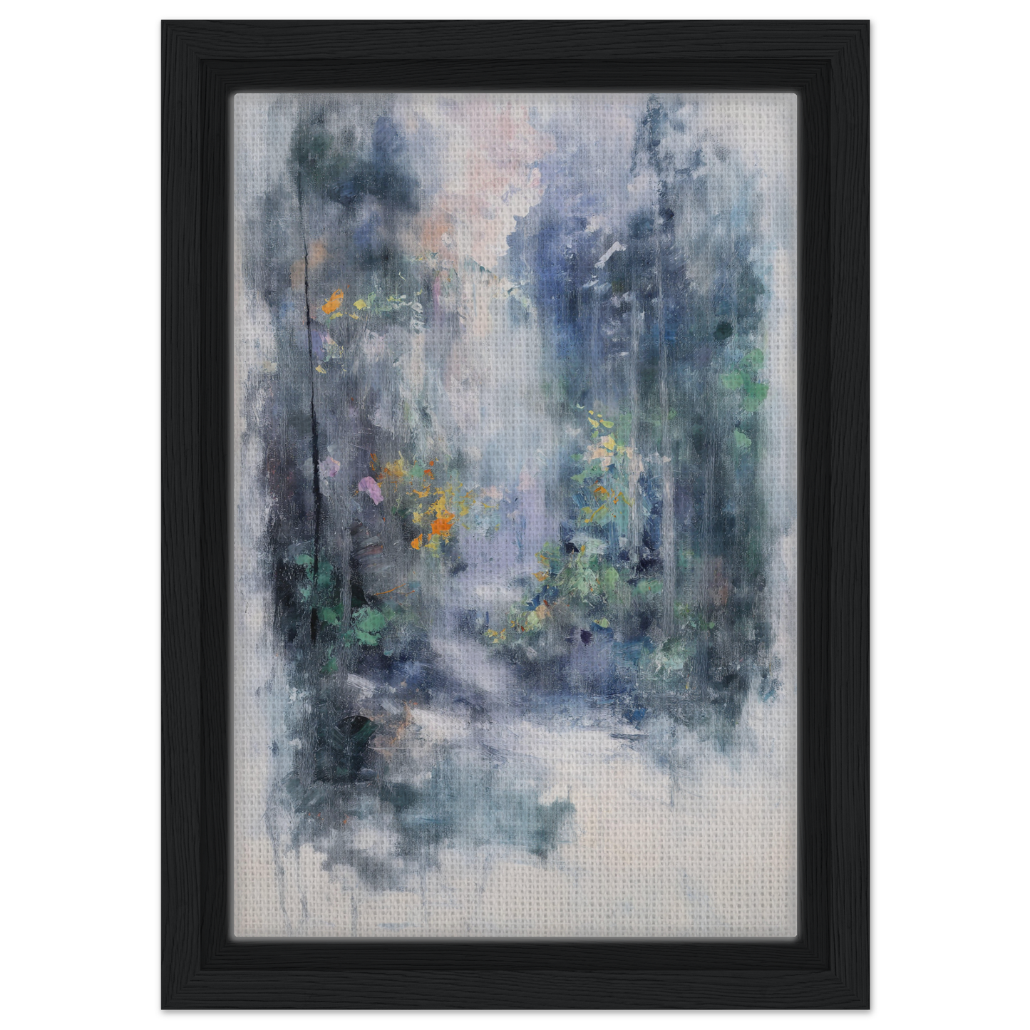 Abstract painting of misty forest shapes in Liquid Twilight Hues, framed canvas print