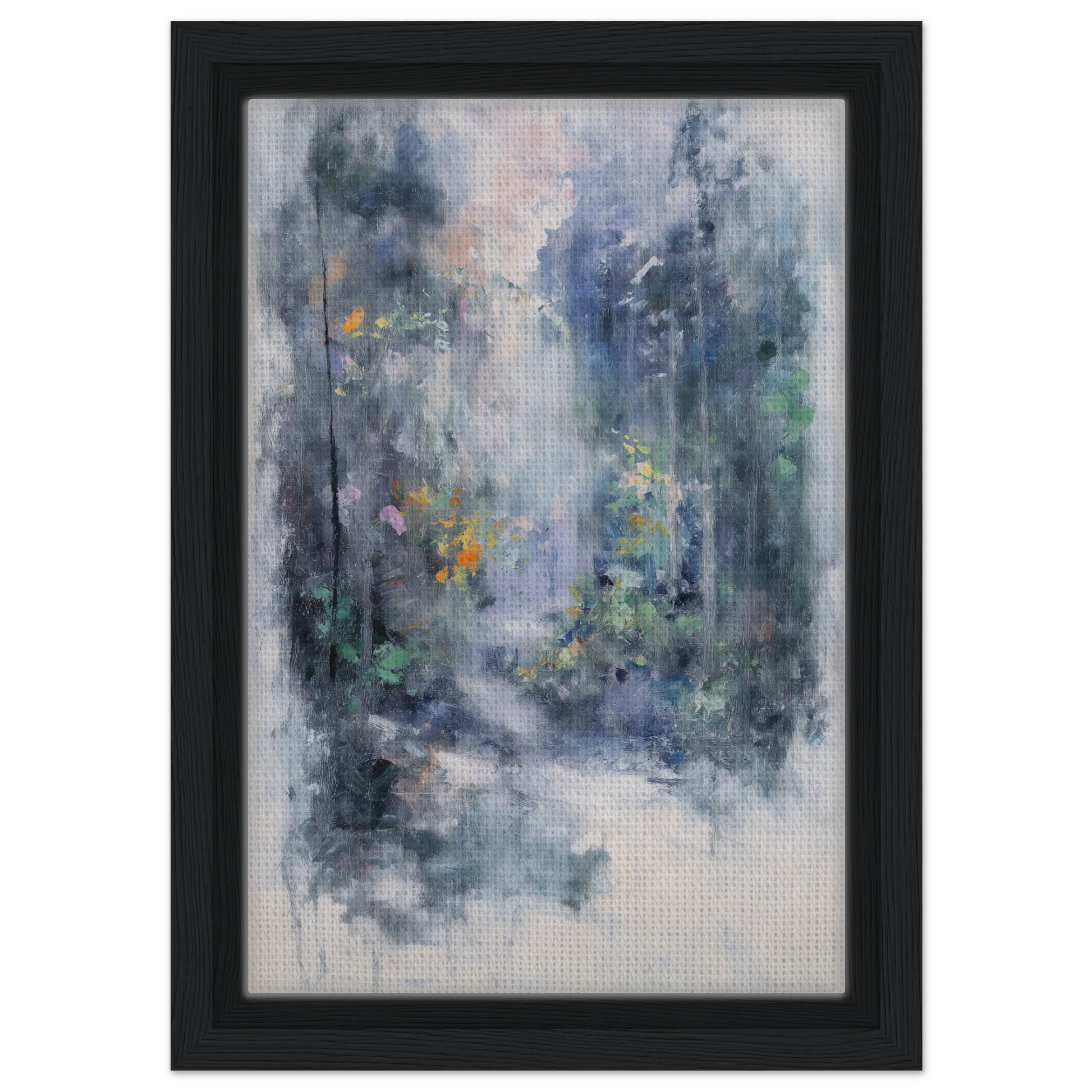 Abstract painting of misty forest shapes in Liquid Twilight Hues, framed canvas print