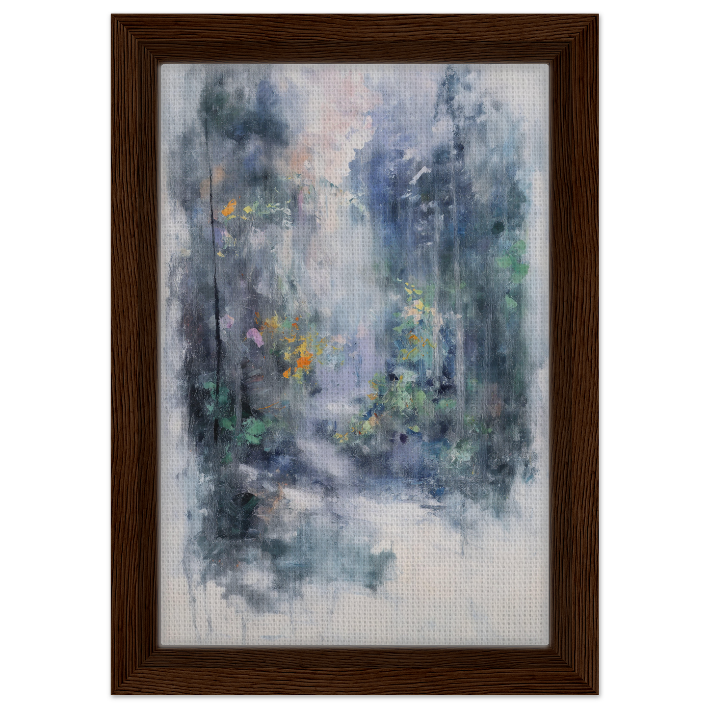 Abstract painting of a misty forest scene with liquid twilight hues for stylish room decor