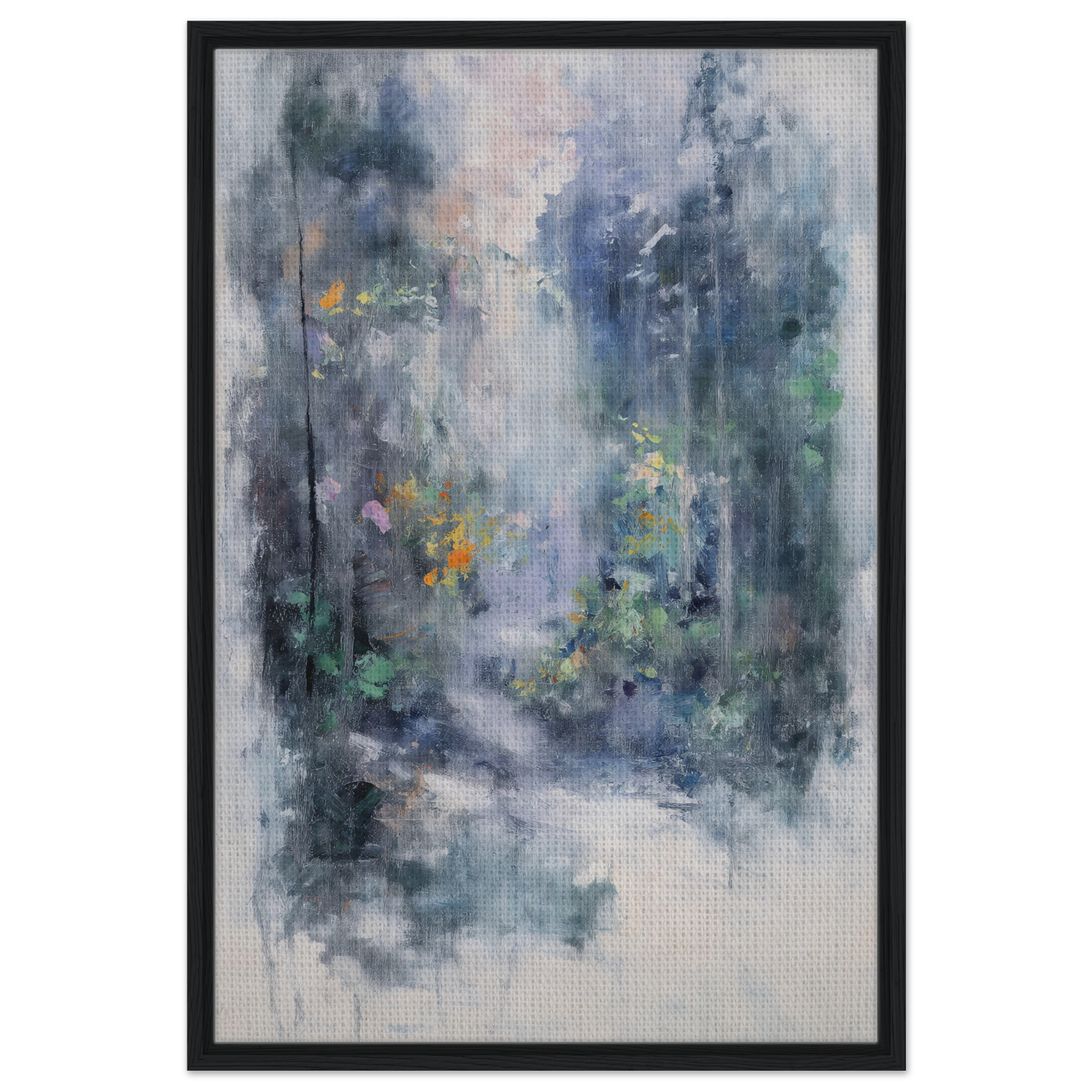 Abstract painting of a misty forest with floral elements for Liquid Twilight Hues room decor