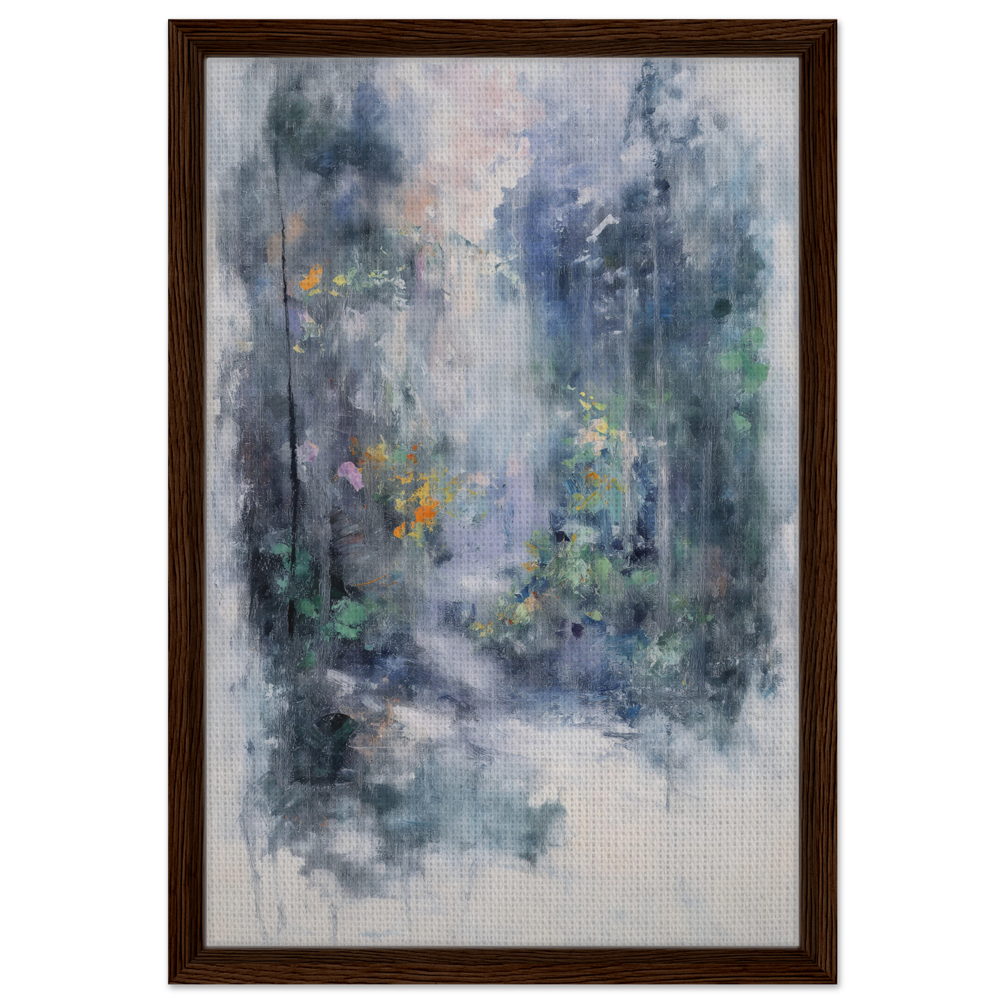 Framed abstract painting of a misty forest in Liquid Twilight Hues for elegant room decor