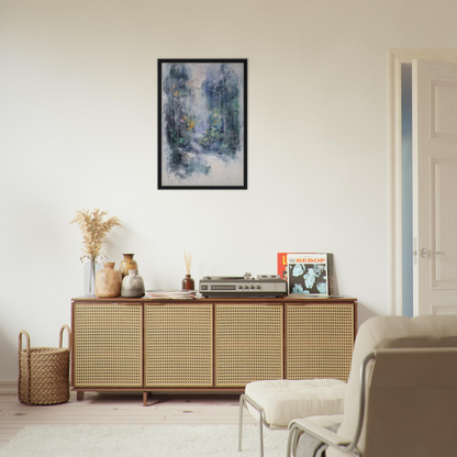 Wooden sideboard with cane-webbed doors and decor, showcasing Liquid Twilight Hues