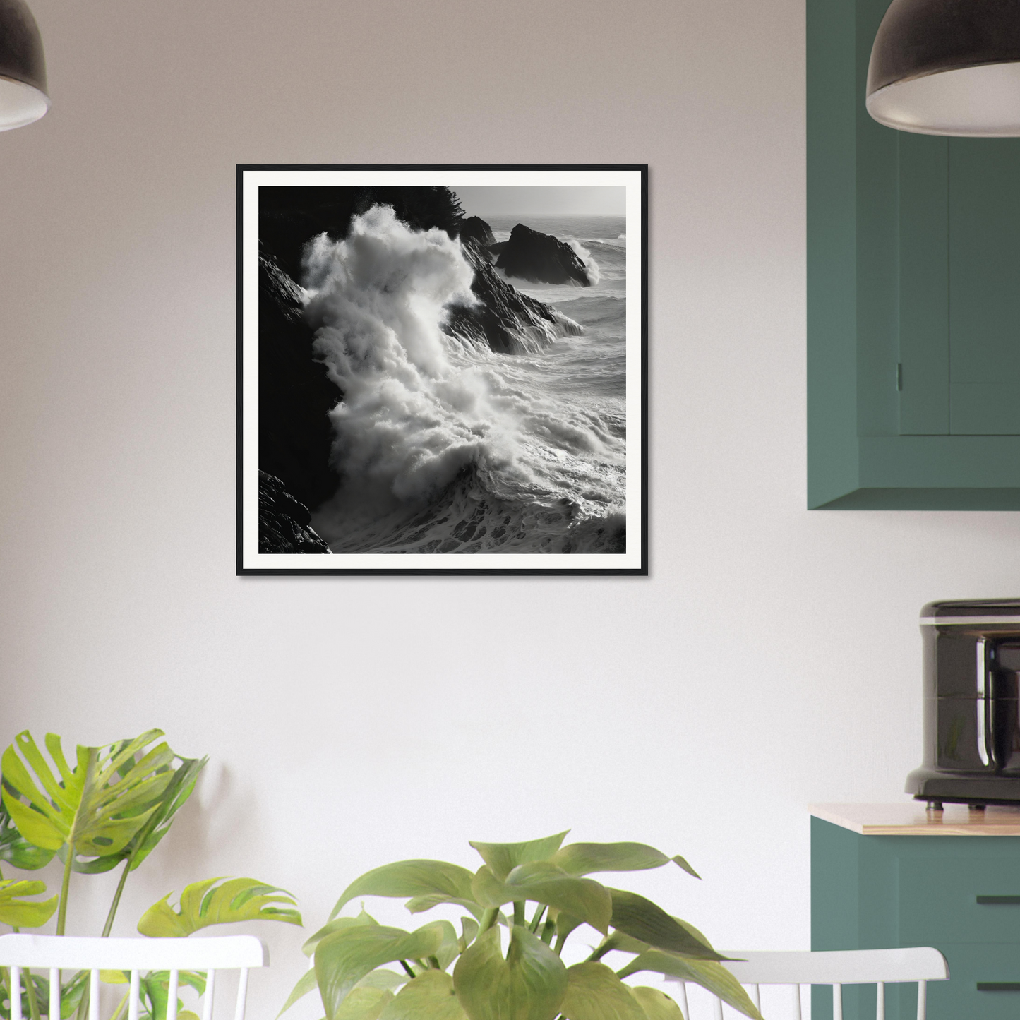 Black and white seascape framed poster of dramatic waves crashing on cliffs