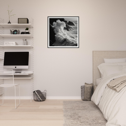 Minimalist bedroom with Livid Sea Symphony, iMac workstation, and white seascape framed art