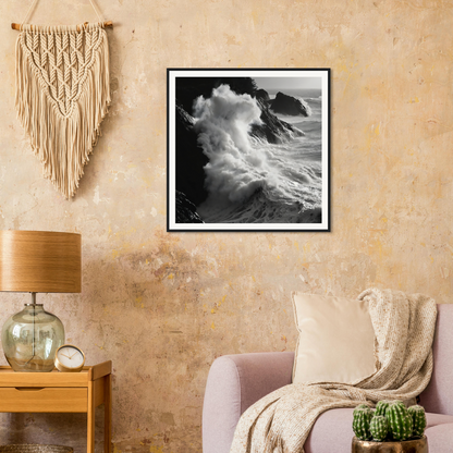 Dramatic black and white seascape framed poster of crashing waves in Livid Sea Symphony