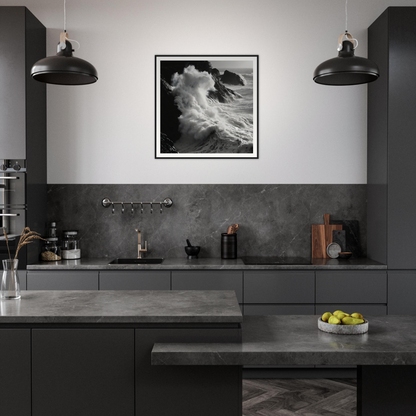 Modern dark gray kitchen showcasing Livid Sea Symphony with a museum-quality black seascape framed