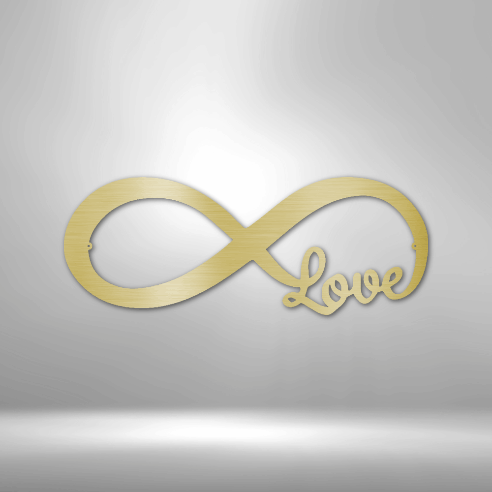 Golden infinity symbol with the word ’love’ incorporated into its design.