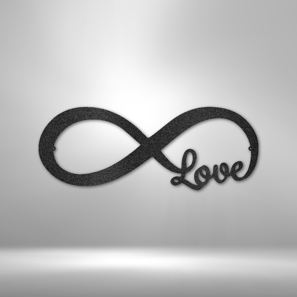 Infinity symbol combined with the word ’love’ in cursive script.