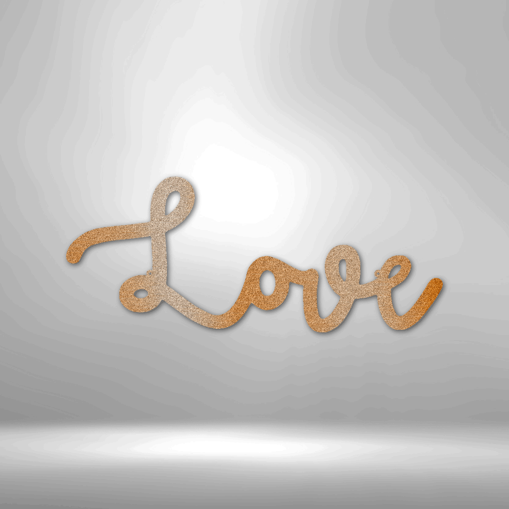 Cursive wooden word spelling ’Love’ in a warm, golden tone.