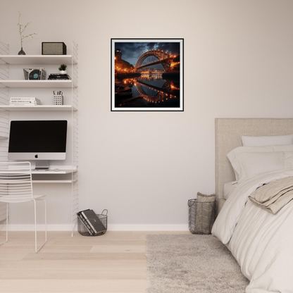 Framed bridge art at sunset with reflections in water from Lucid Lightways