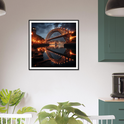 Museum-quality framed bridge art of Tyne Bridge at dusk reflecting in water for Lucid Lightways