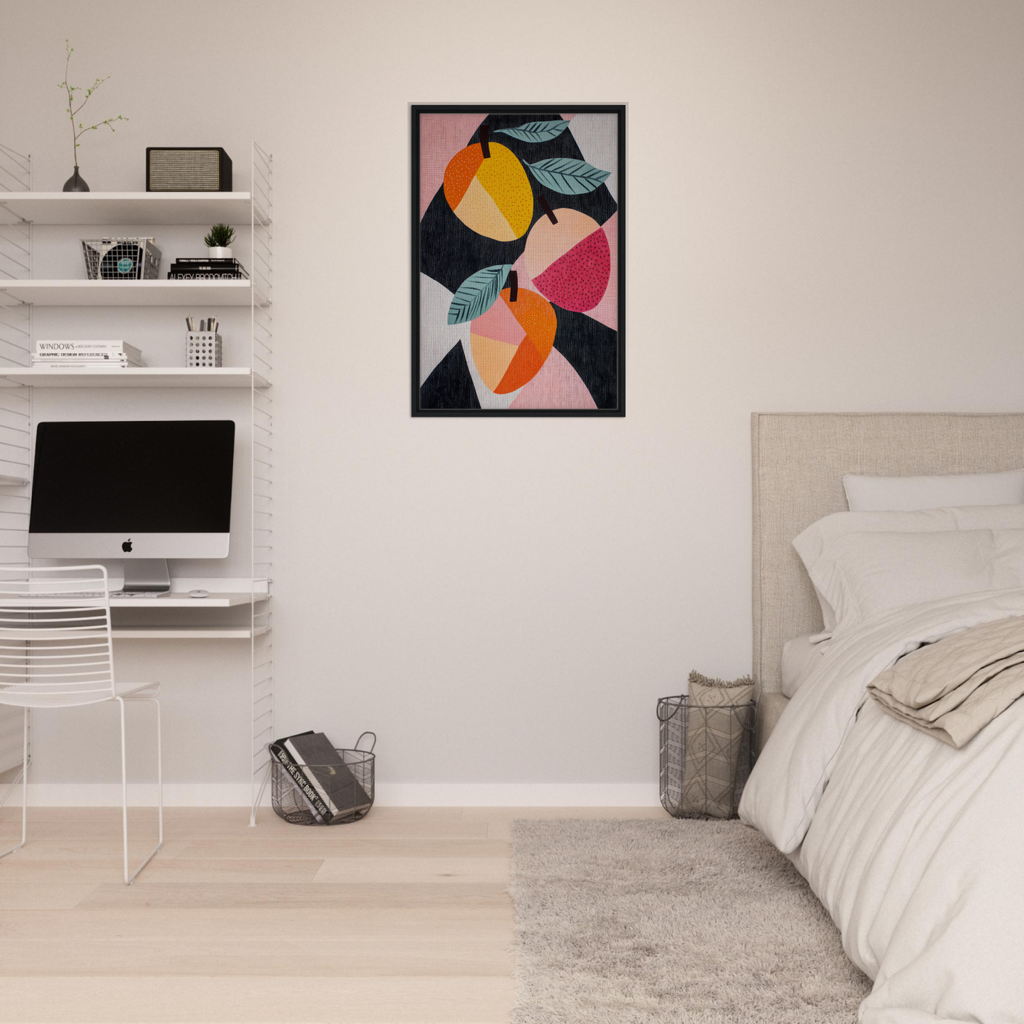 Colorful abstract fruit-inspired artwork in black frame for Luminous Fruit Revelry room decor