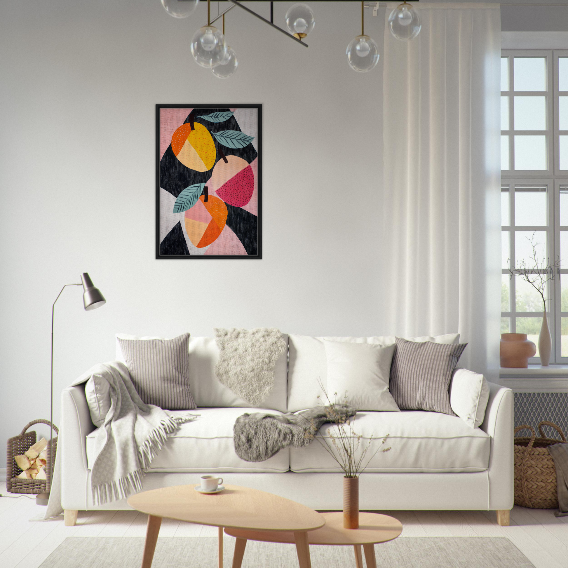 White sofa adorned with throw pillows and blankets next to Luminous Fruit Revelry artwork