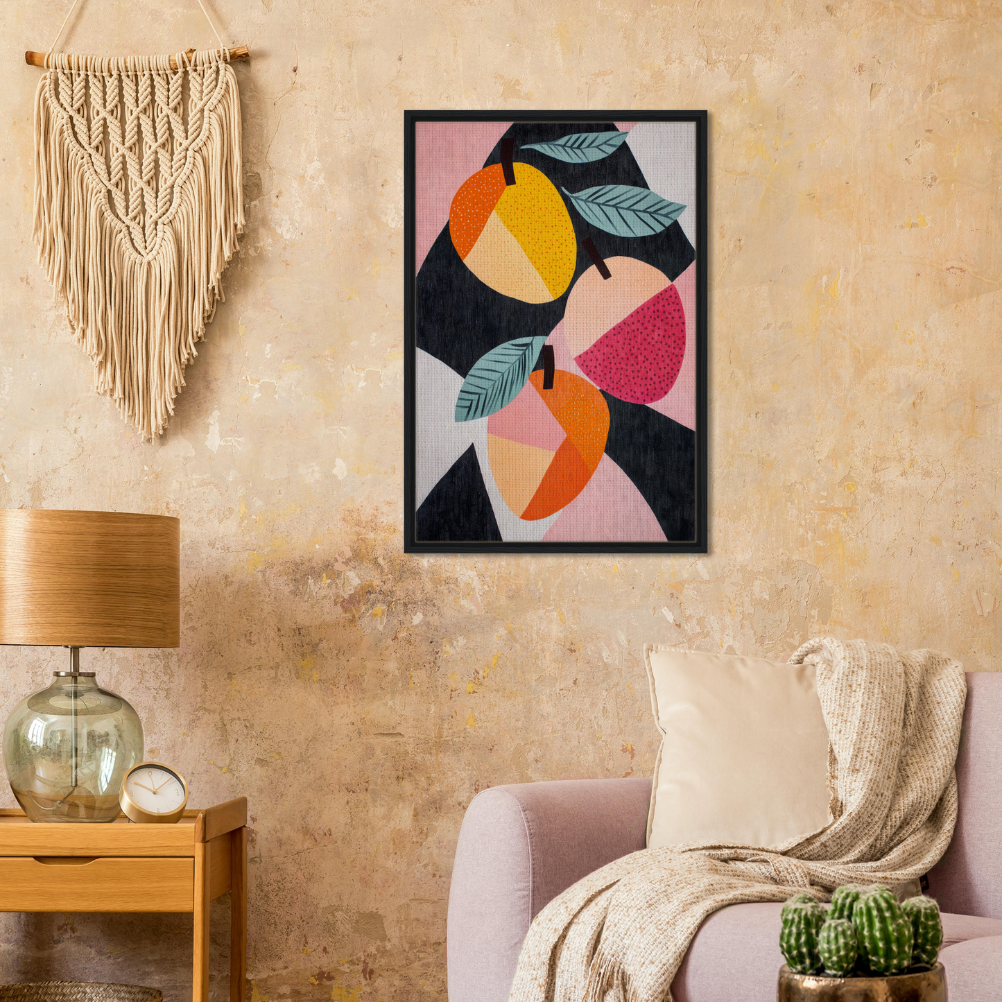 Framed abstract artwork from Luminous Fruit Revelry showcasing vibrant geometric shapes