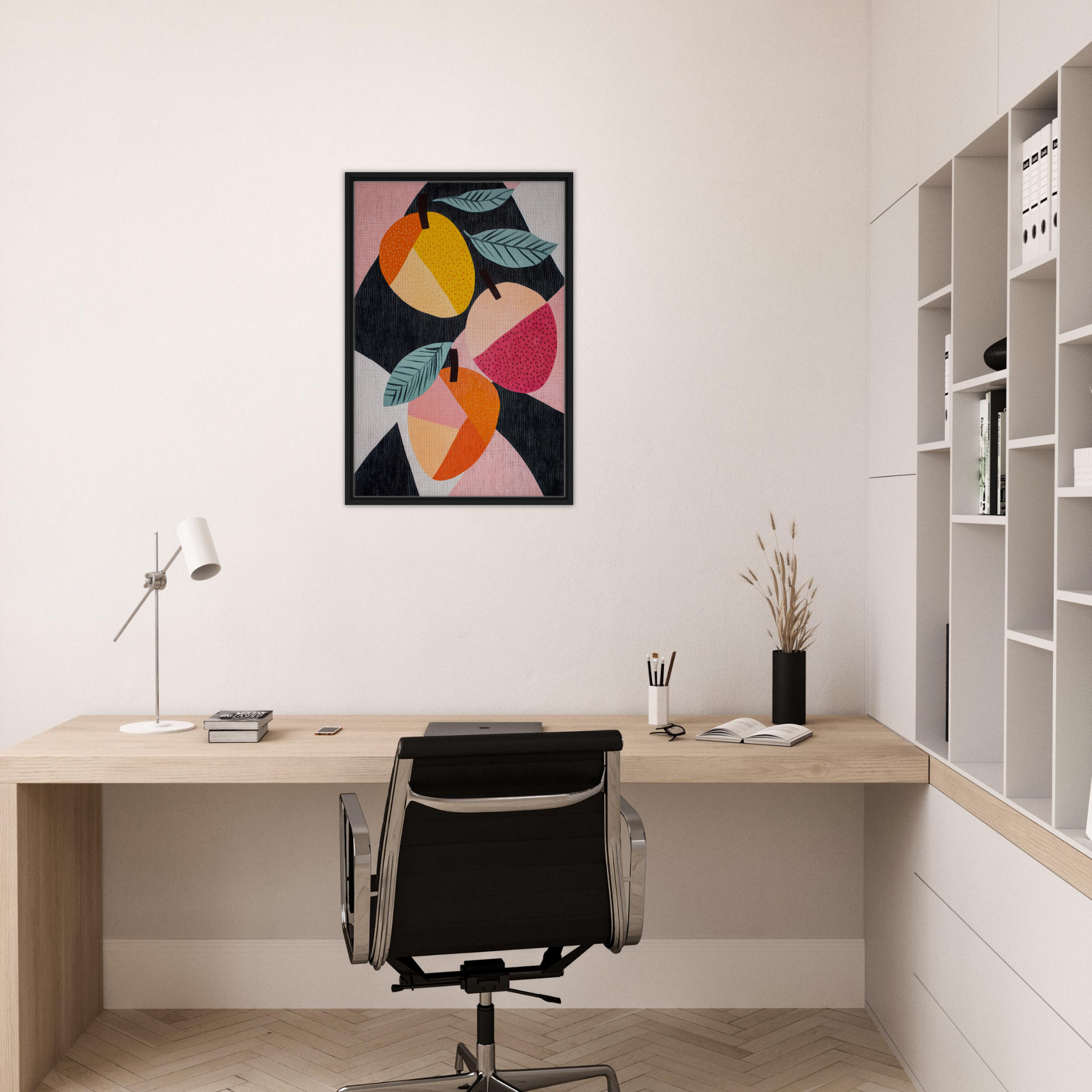 Minimalist home office featuring Luminous Fruit Revelry framed canvas print on wall