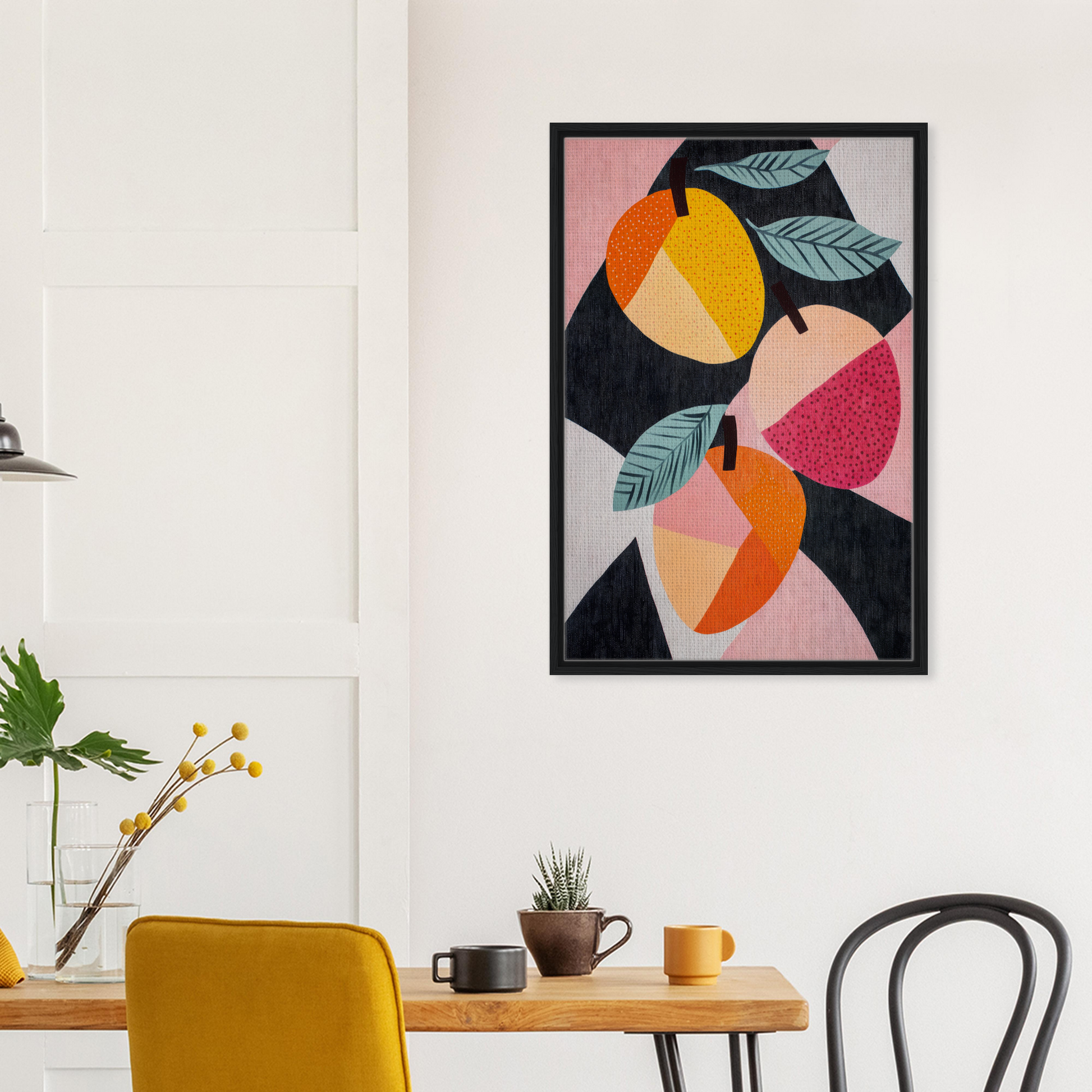 Framed canvas print of Luminous Fruit Revelry featuring vibrant geometric shapes