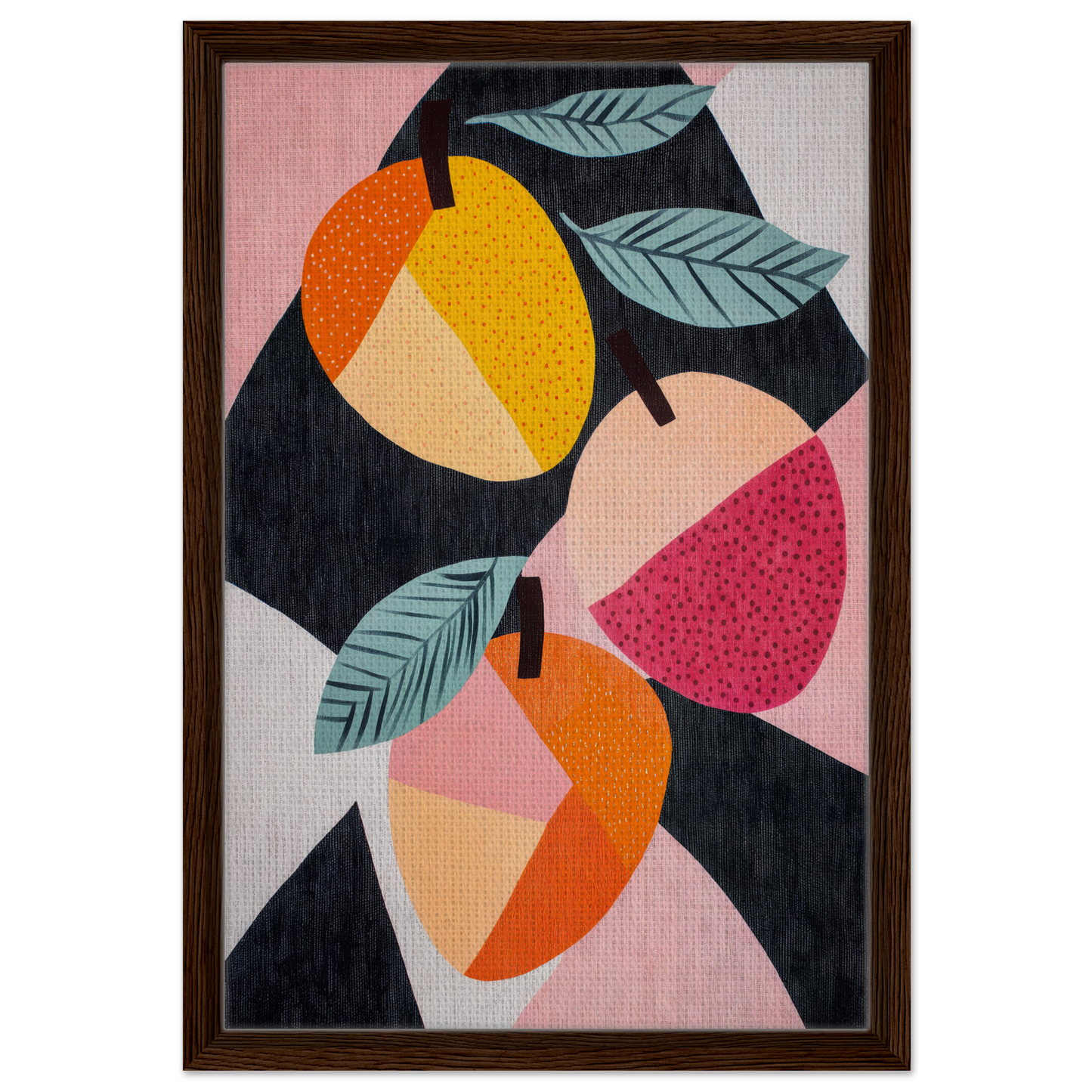 Abstract painting of vibrant fruits and leaves in geometric shapes for Luminous Fruit Revelry