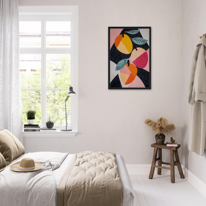 Bright bedroom featuring Luminous Fruit Revelry framed canvas print on the wall