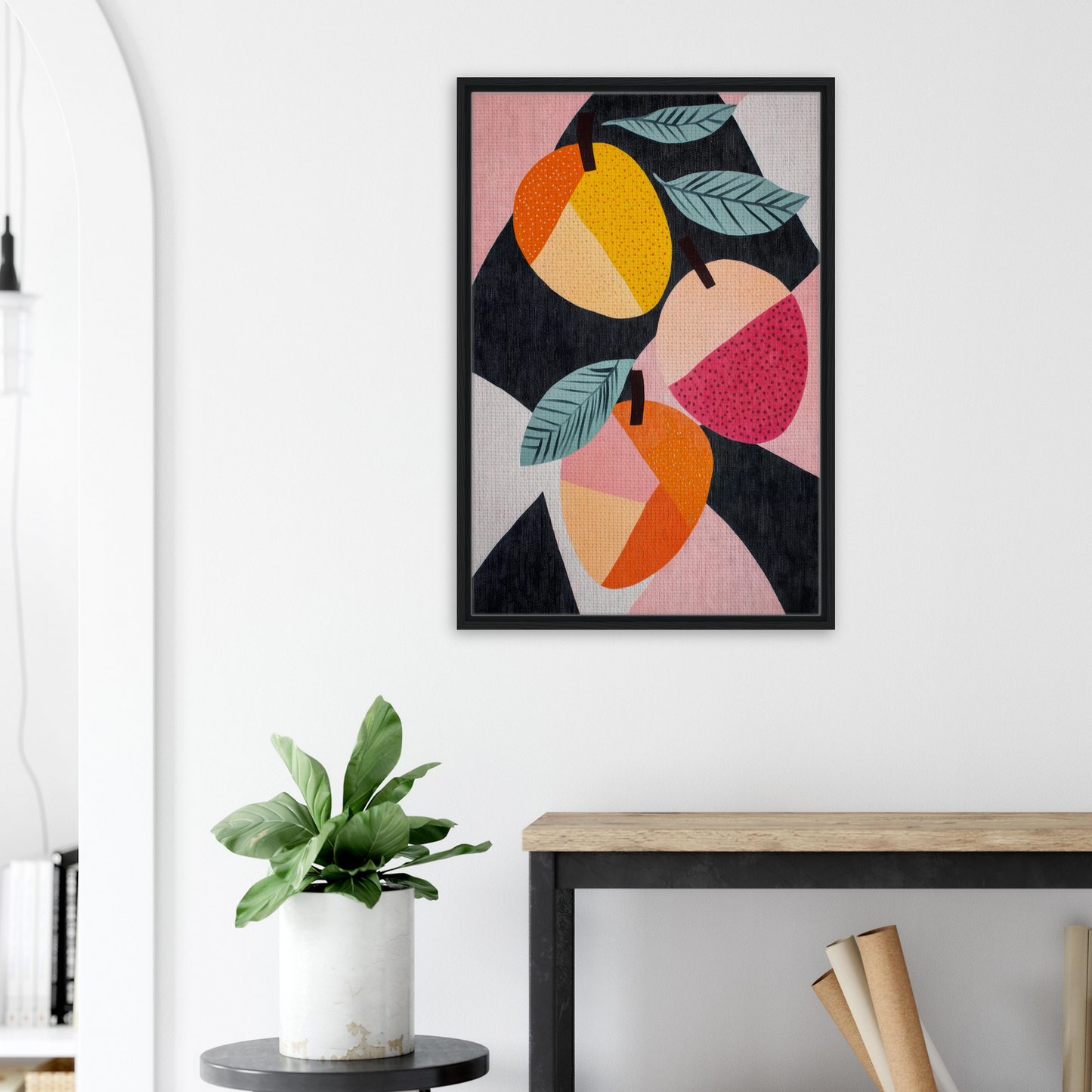 Vibrant abstract framed artwork of geometric shapes in Luminous Fruit Revelry design