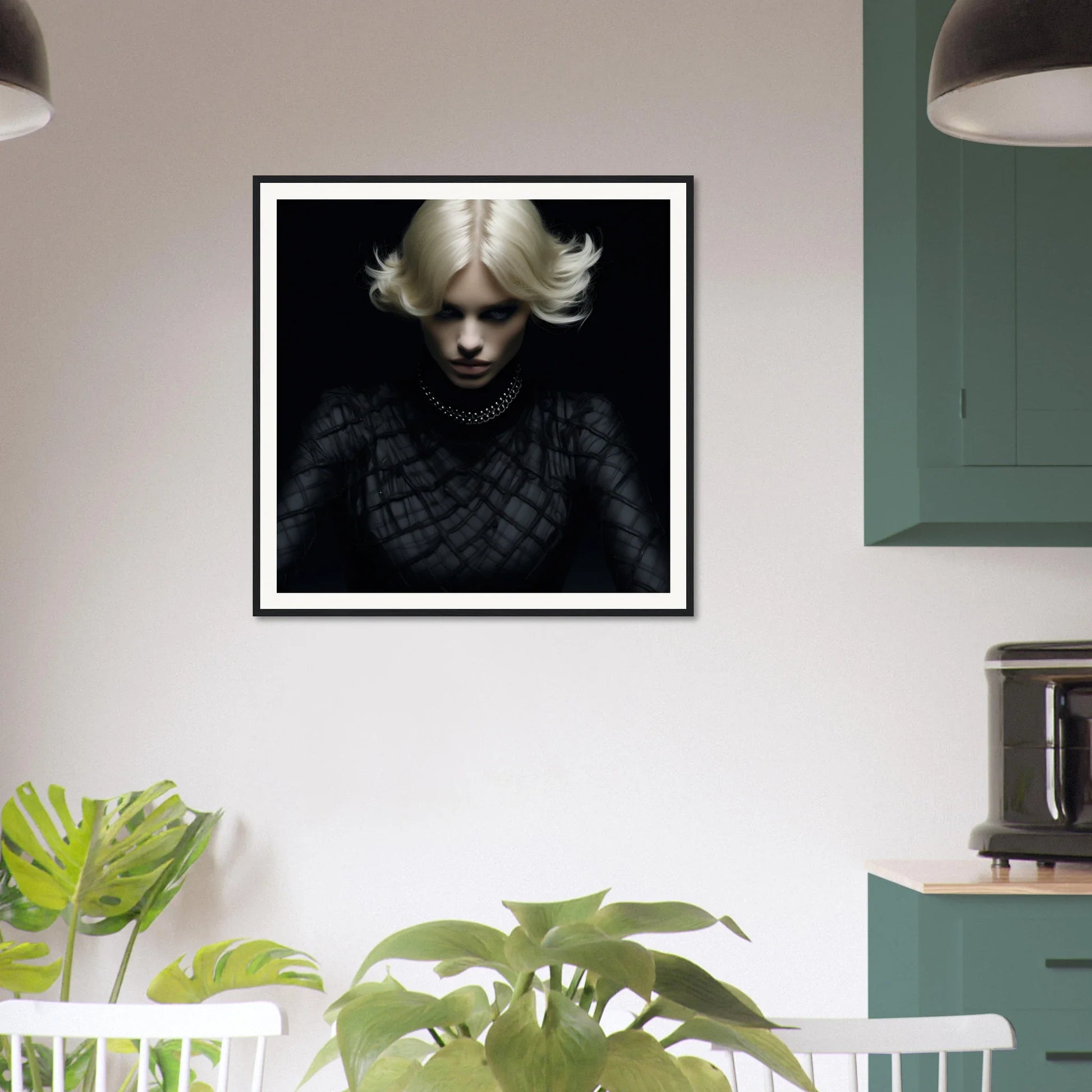 Portrait with platinum blonde hair in Luminous Gothic Whispers framed art, natural wood