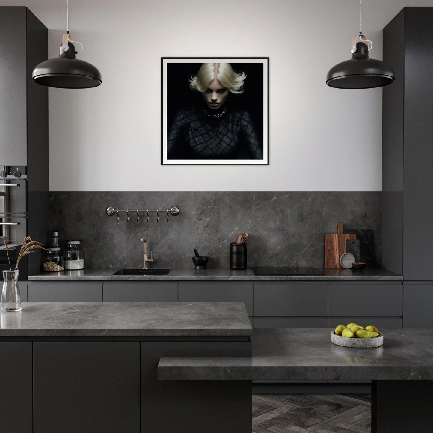 Modern dark gray kitchen featuring Luminous Gothic Whispers and industrial pendant lights