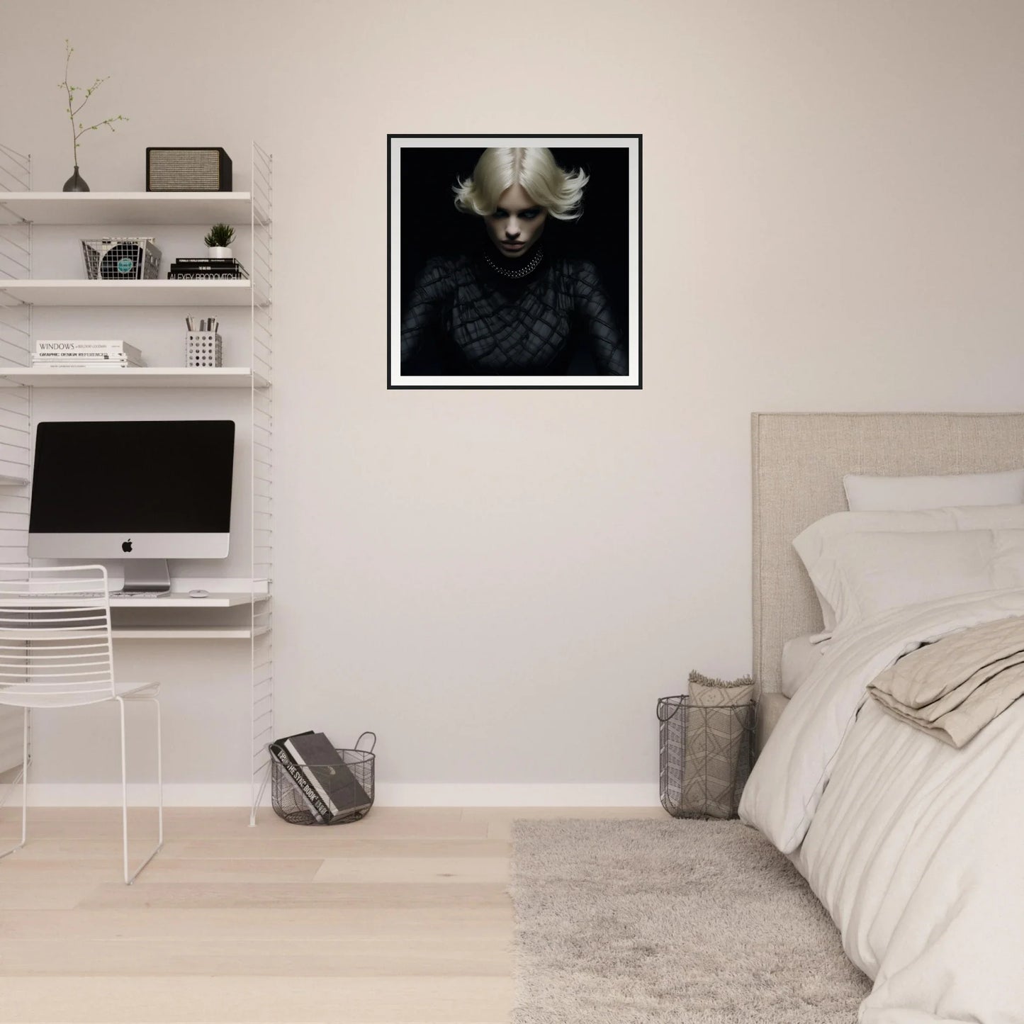 Minimalist bedroom with iMac workstation, floating shelves, and Luminous Gothic Whispers art