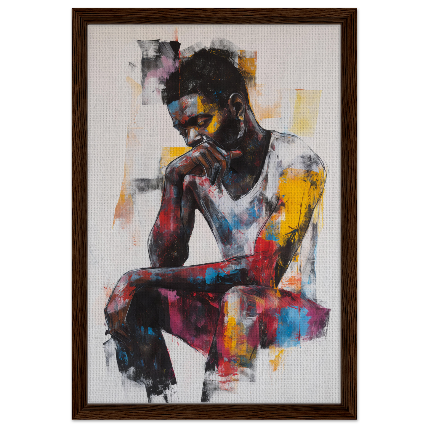 Colorful painting of a pensive man, ideal for framed canvas art and room decor