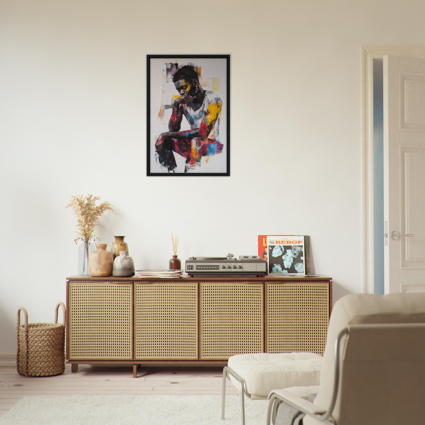 Wooden sideboard with cane-webbed doors enhances Luminous Solitude Streams room decor