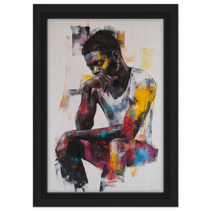 Colorful abstract painting of a seated figure, perfect for Luminous Solitude Streams framed canvas art