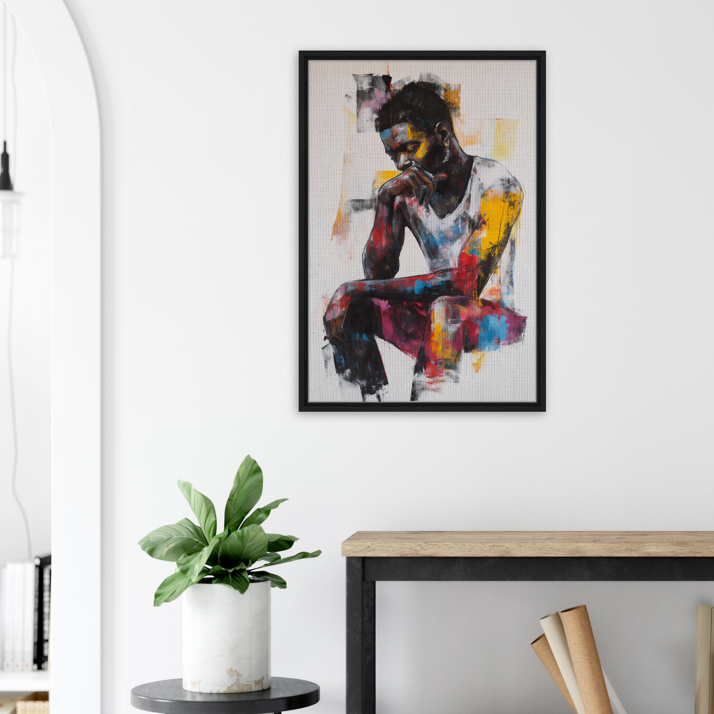 Colorful abstract portrait painting of a seated figure in Luminous Solitude Streams framed canvas art