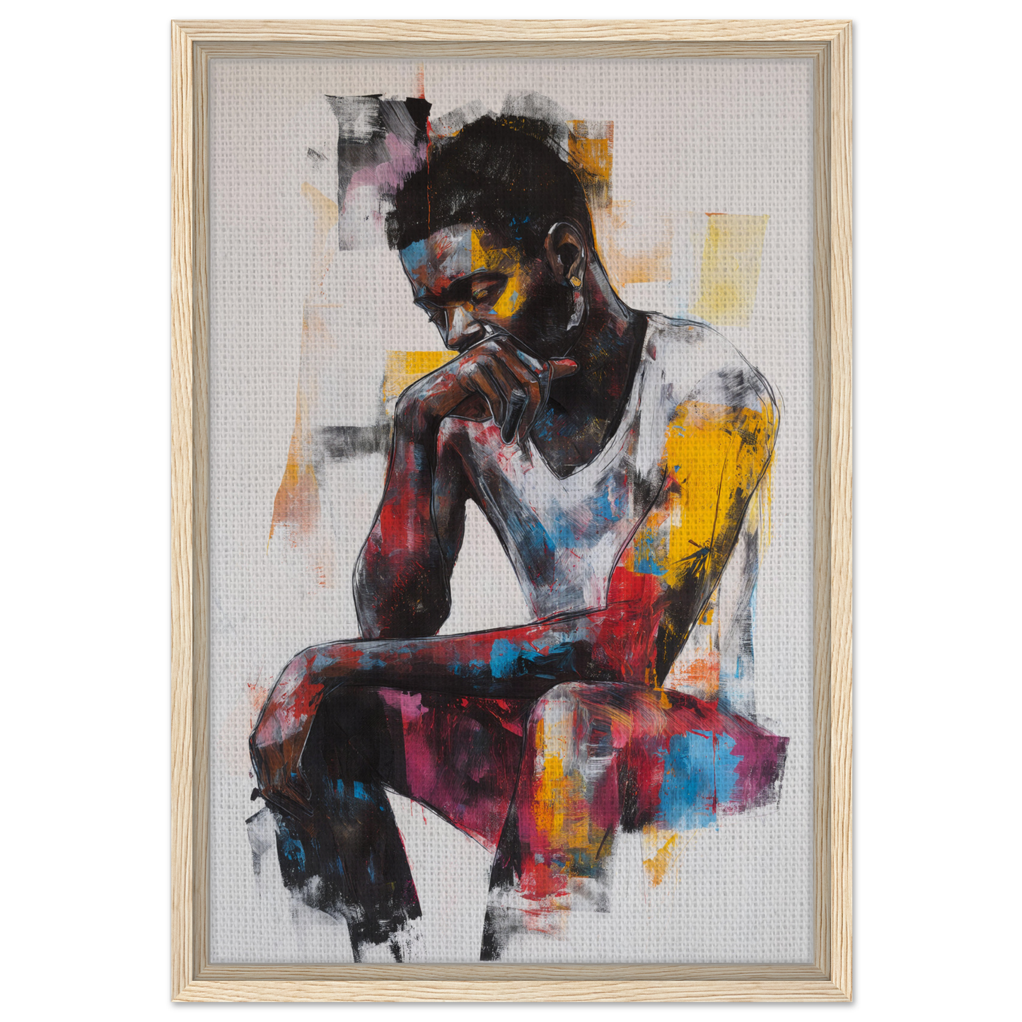 Colorful painting of a pensive man, ideal for Luminous Solitude Streams room decor