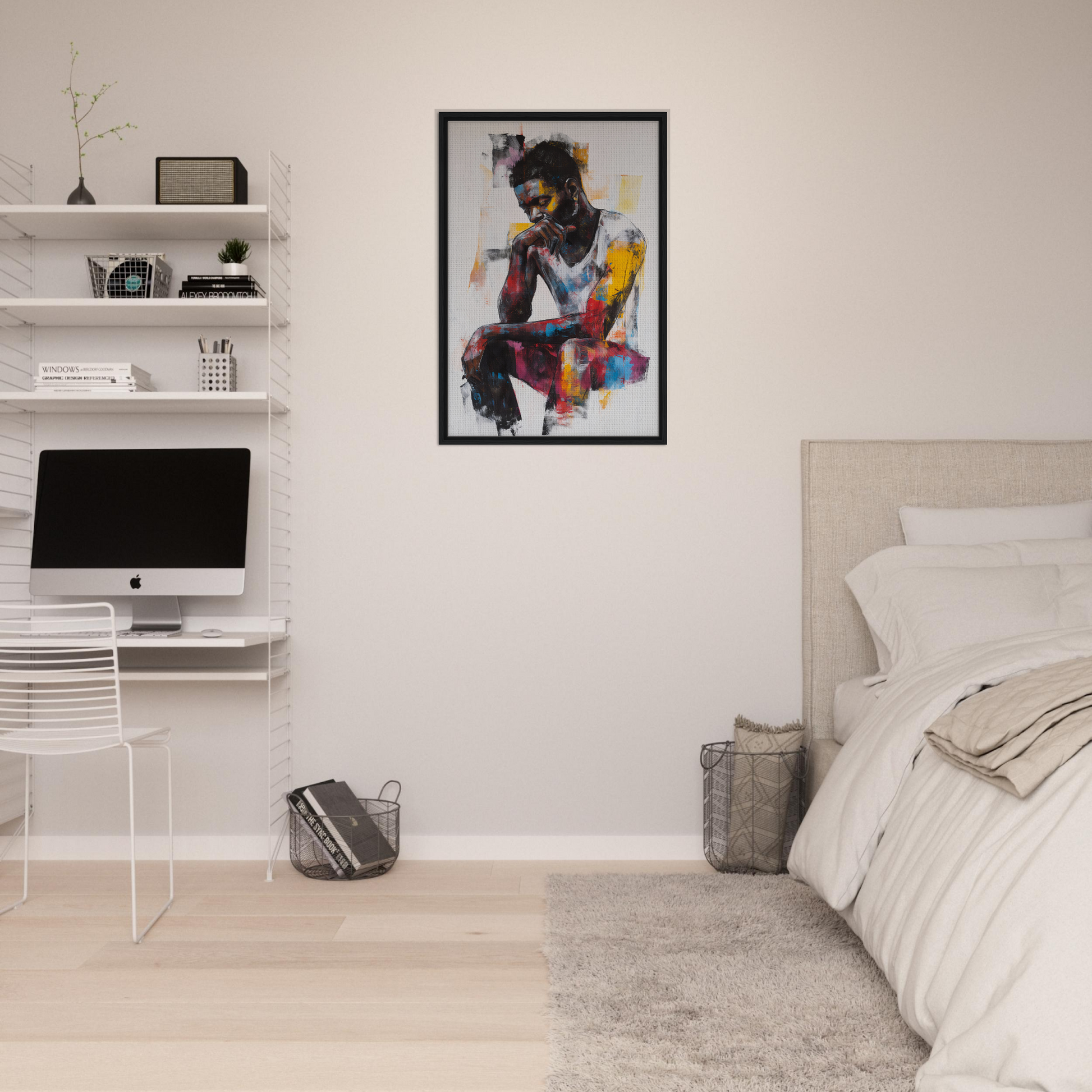 Colorful abstract portrait painting in a black frame for Luminous Solitude Streams