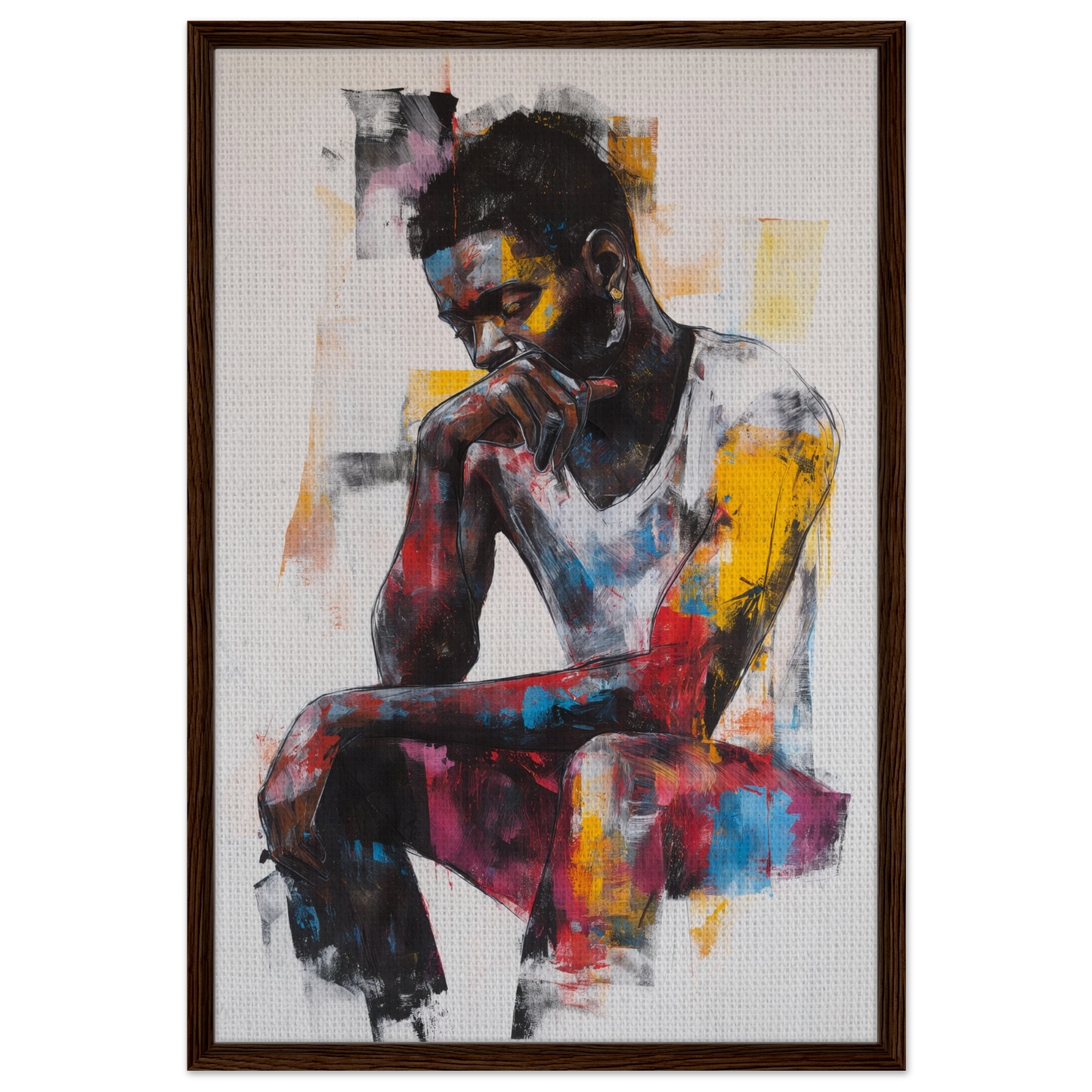 Colorful painting of a pensive man for Luminous Solitude Streams framed canvas art