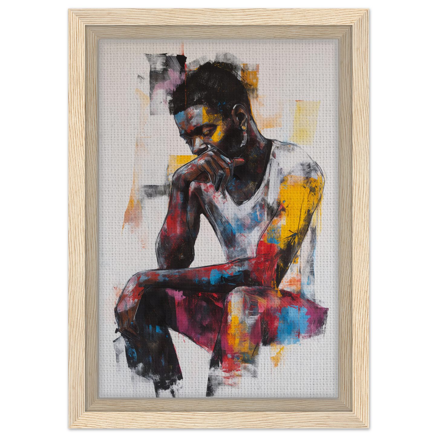 Colorful abstract painting of a seated figure in Luminous Solitude Streams framed canvas art