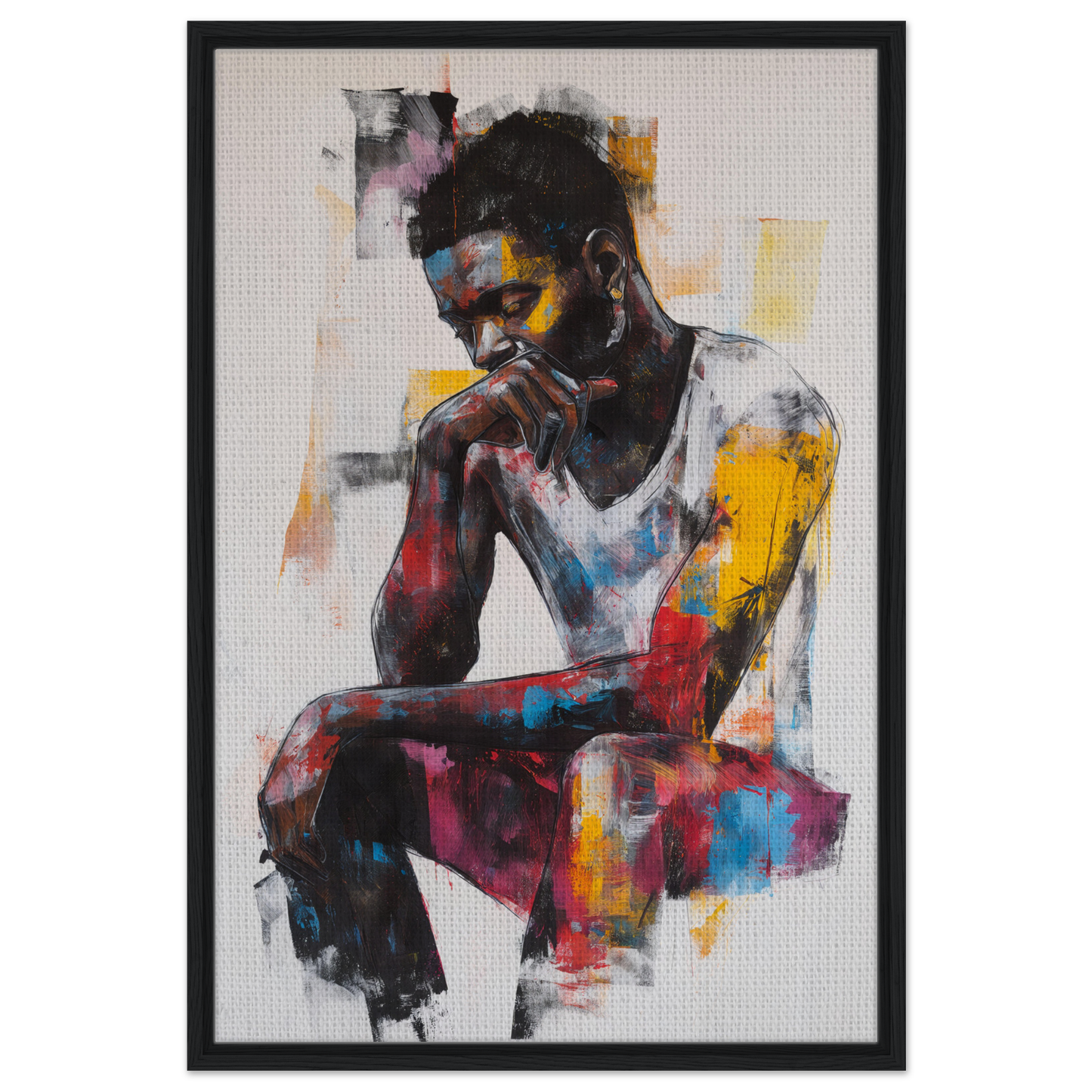 Colorful abstract portrait of a pensive man from Luminous Solitude Streams framed canvas art