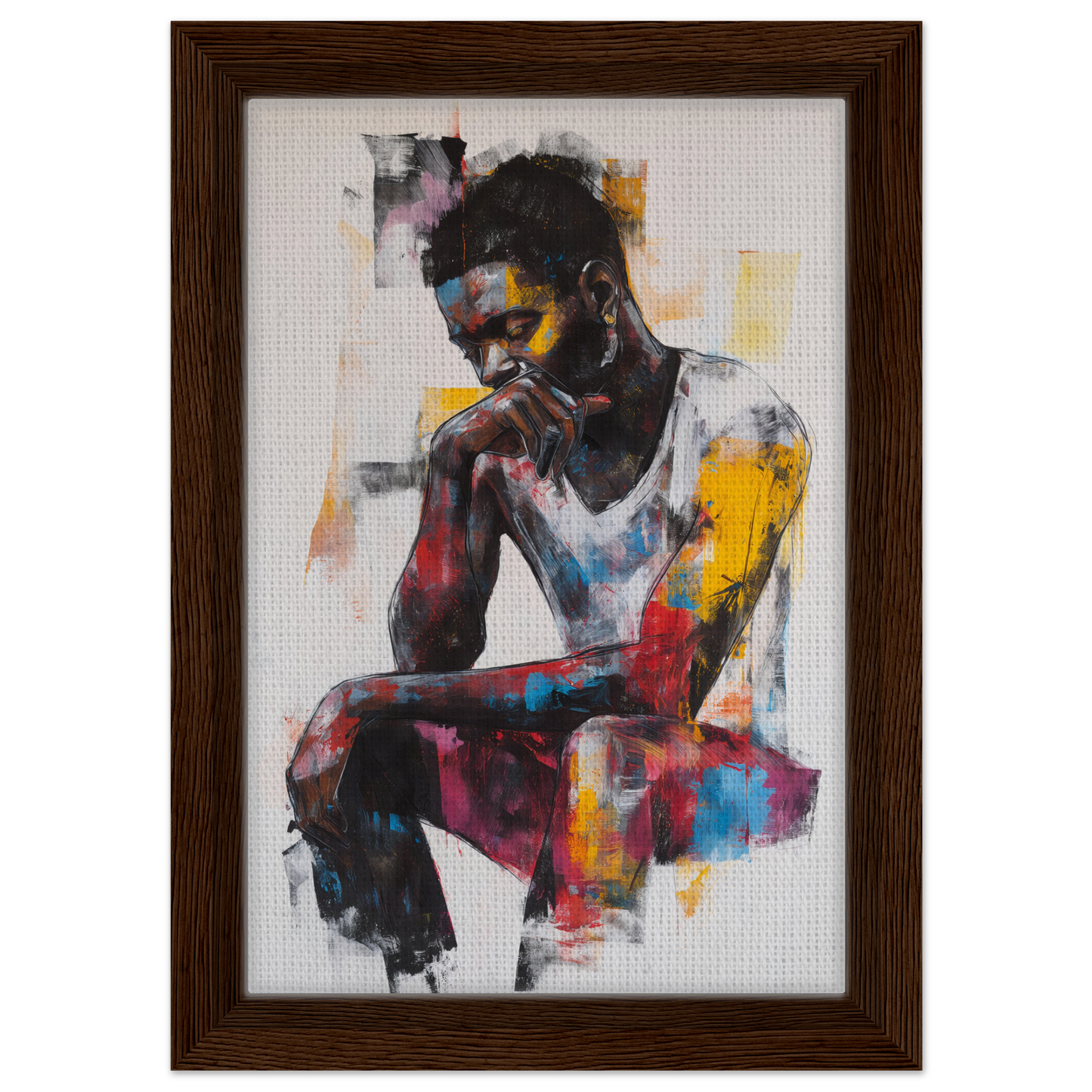 Colorful abstract painting of a seated figure titled Luminous Solitude Streams in wood frame