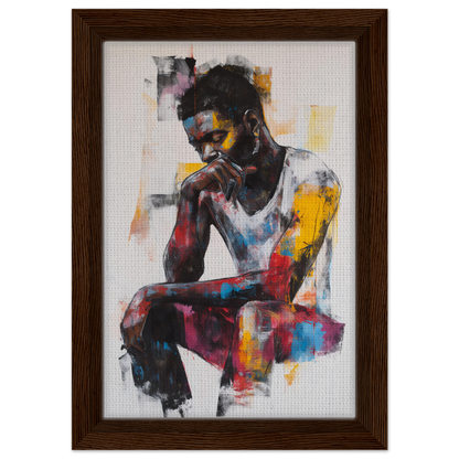 Colorful abstract painting of a seated figure titled Luminous Solitude Streams in wood frame