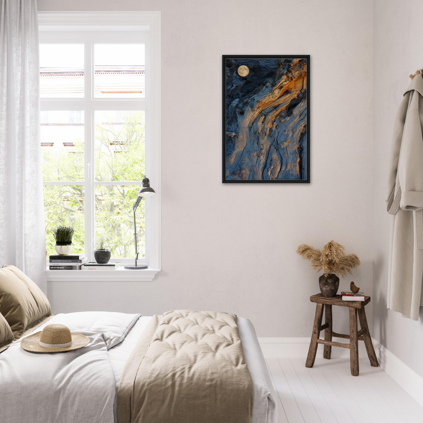 Bedroom featuring Lunar Chiaroscuro Harmony with abstract artwork and a white color scheme