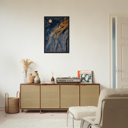 Wooden sideboard with cane-webbed doors showcasing decor in Lunar Chiaroscuro Harmony