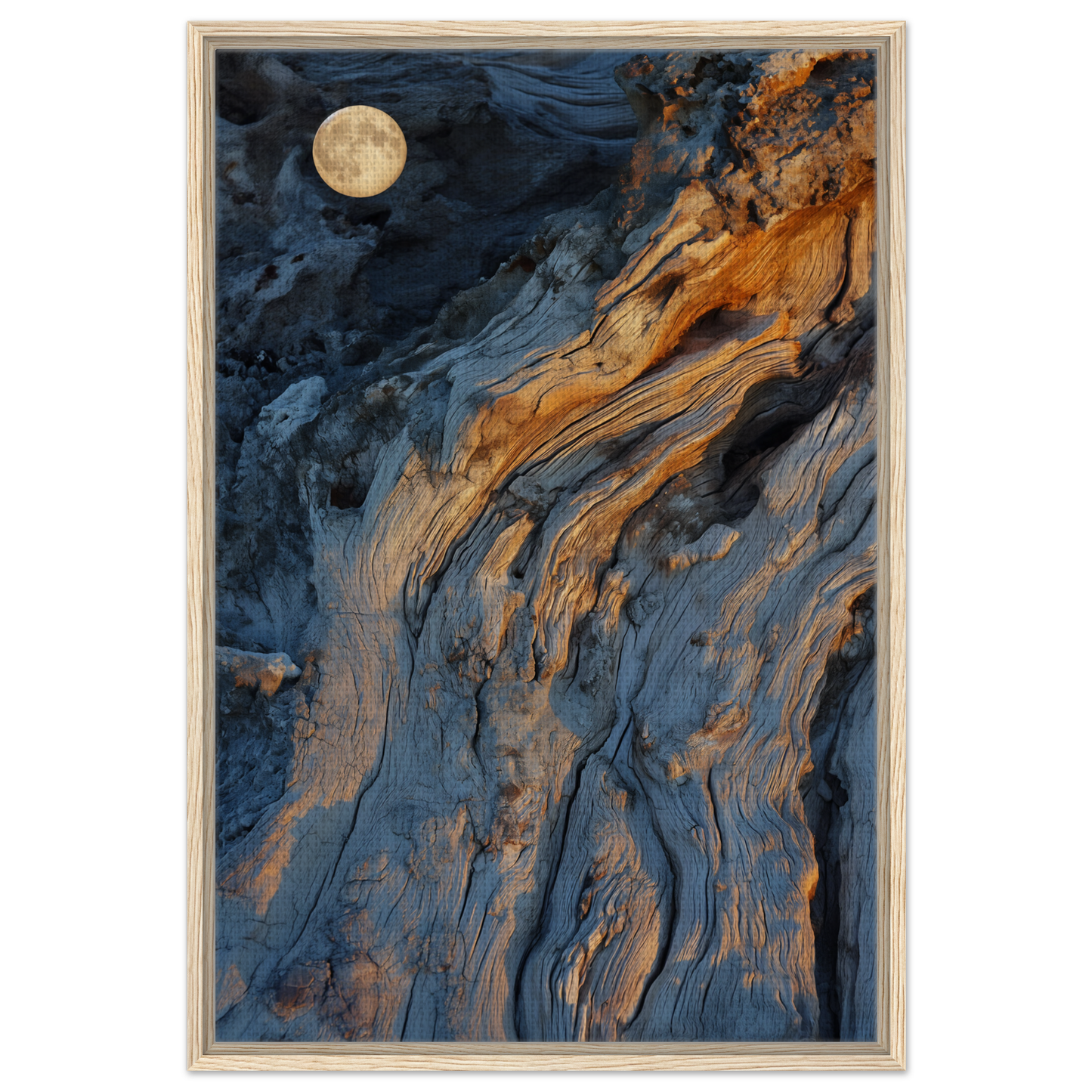 Abstract painting in blue and orange evoking Lunar Chiaroscuro Harmony on framed canvas print