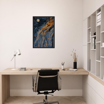 Minimalist home office showcasing Lunar Chiaroscuro Harmony framed canvas print artwork