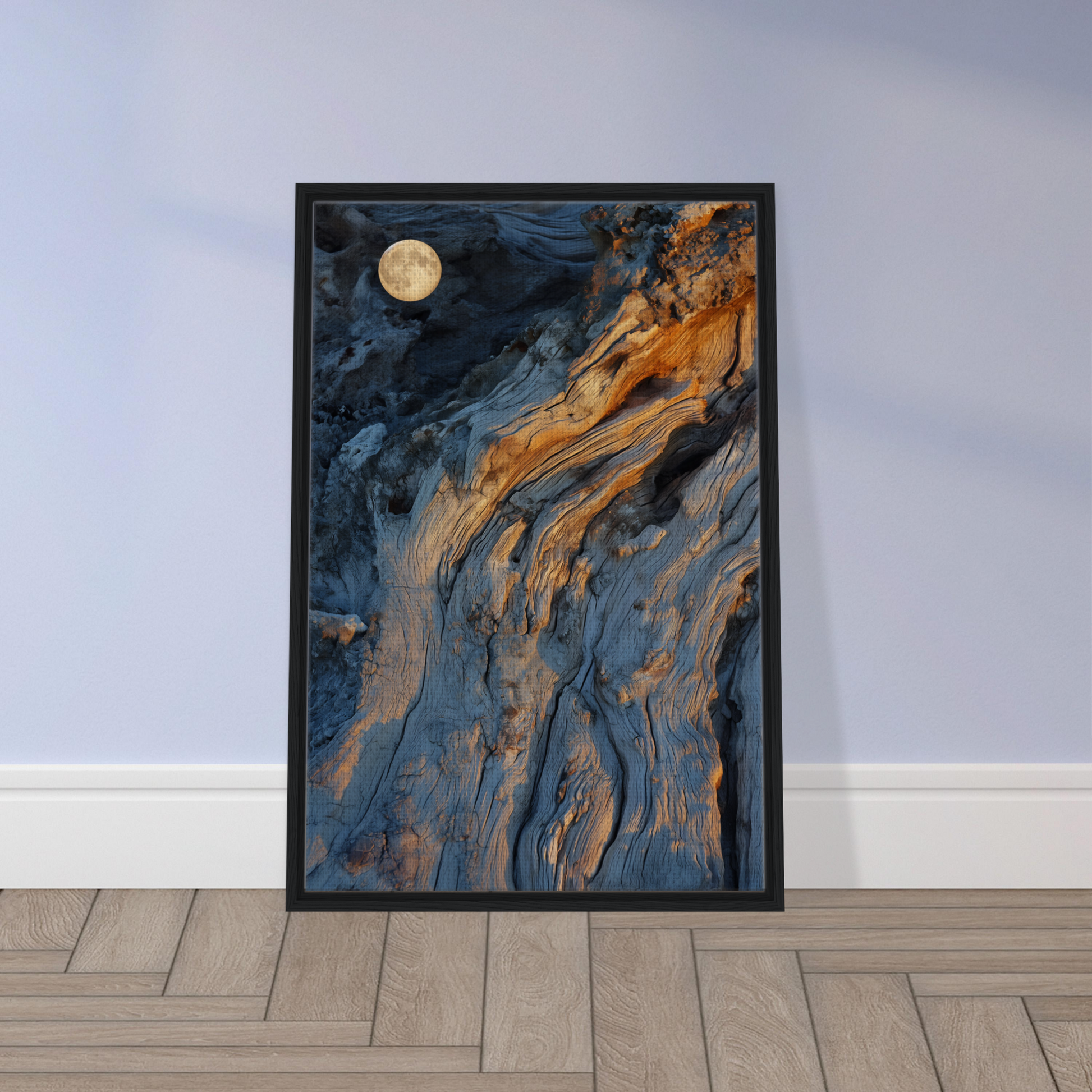 Framed canvas print of Lunar Chiaroscuro Harmony with swirling blue and golden hues