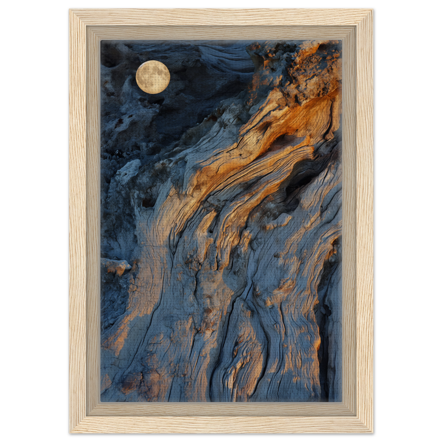 Abstract painting of Lunar Chiaroscuro Harmony with fluid blue and orange patterns