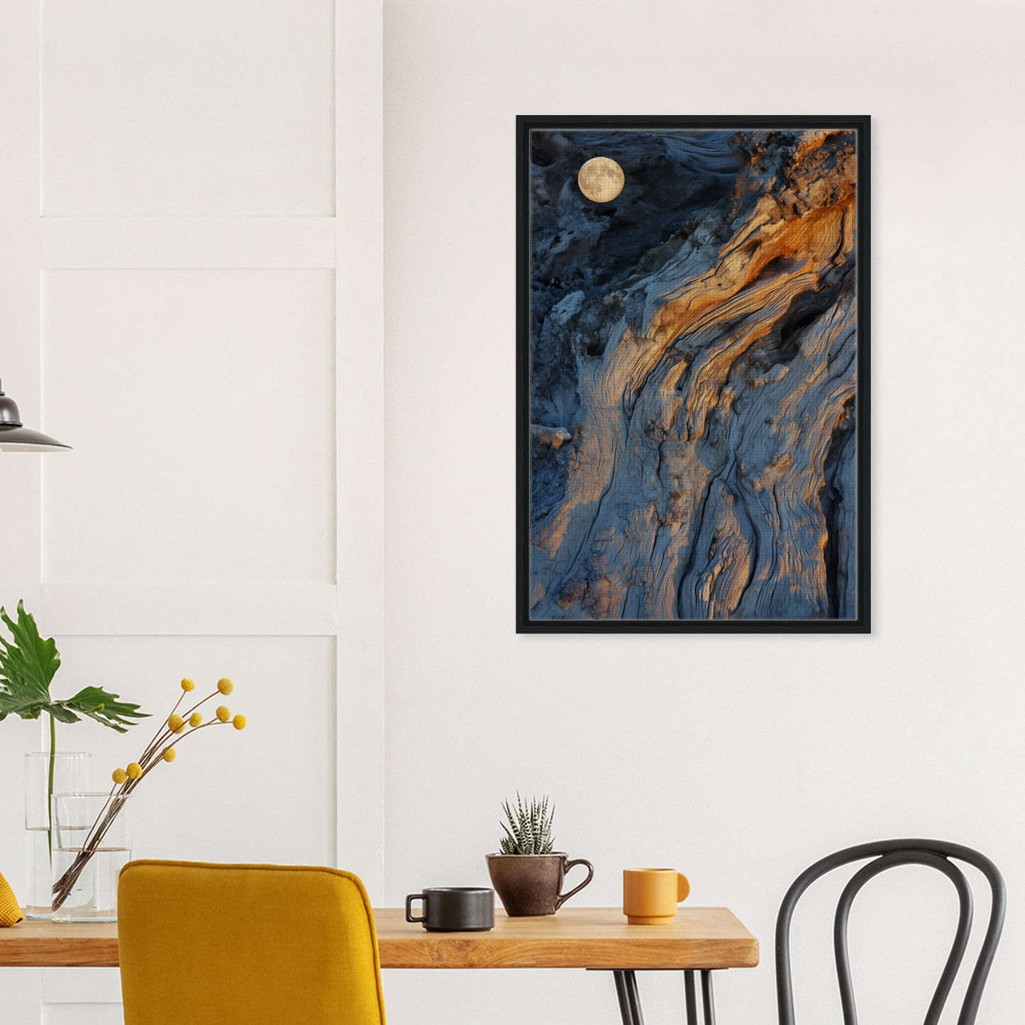 Abstract painting of Lunar Chiaroscuro Harmony with blue, gold hues, and a full moon